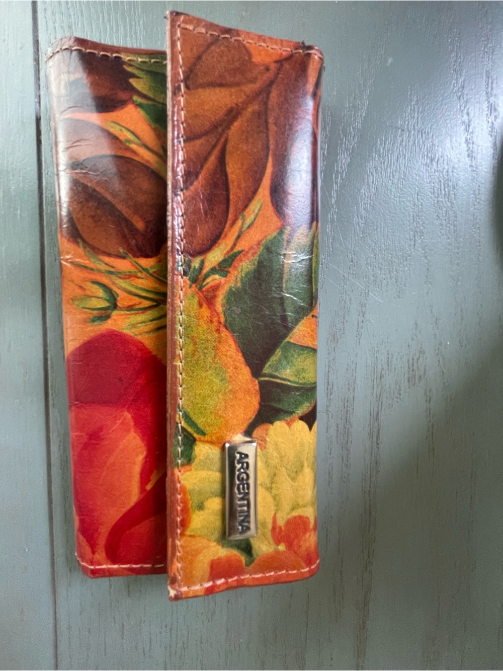 Argentina Floral Leather Wallet in Orange, Green & Red